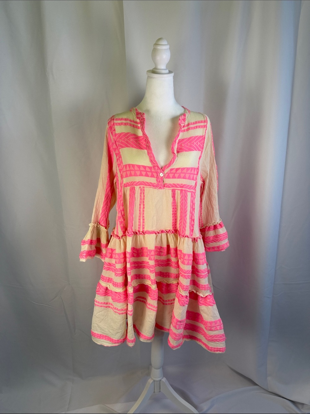 Cream Tunic Dress with Neon Pink Geometric Stripes